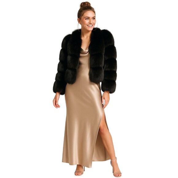 Black Faux Fur Tailored Jacket M Size 6 Lightweight Soft Short Elegant Coat New - Picture 2 of 14